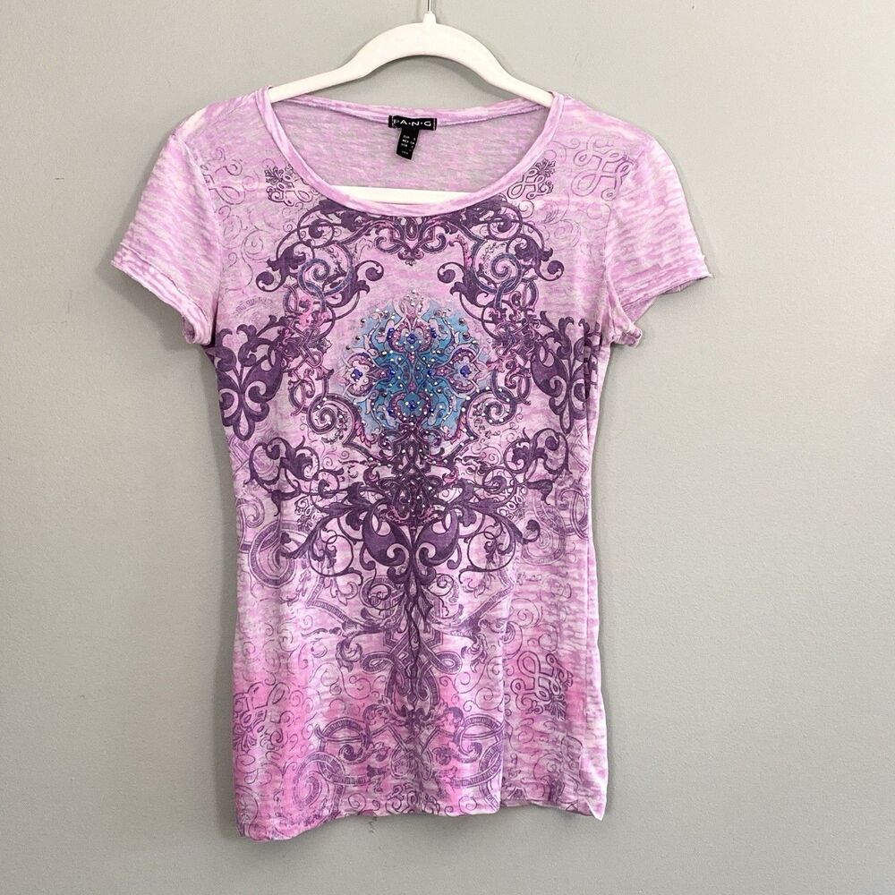 FANG Y2K Burnout Top Womens Small Tattoo Rhinestone Pink Purple Babydoll SEE